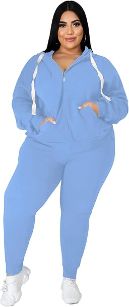 Tuta da donna, taglie forti, a due pezzi, casual, a maniche lunghe, con tasche