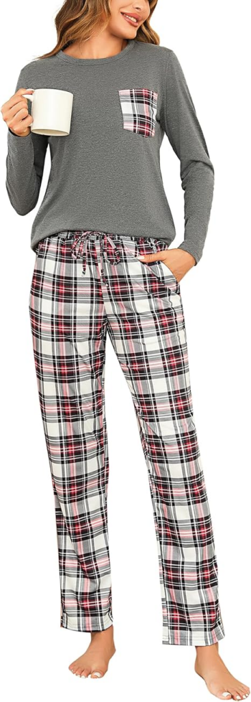 Pigiama Donna Invernale Cotone. Due Pezzi Manica Lunga e Pantaloni Lunghi a Quadri con Tasca