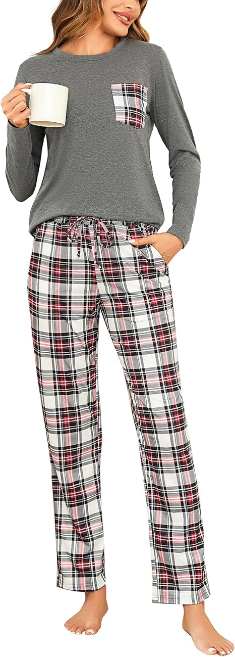 Pigiama Donna Invernale Cotone. Due Pezzi Manica Lunga e Pantaloni Lunghi a Quadri con Tasca